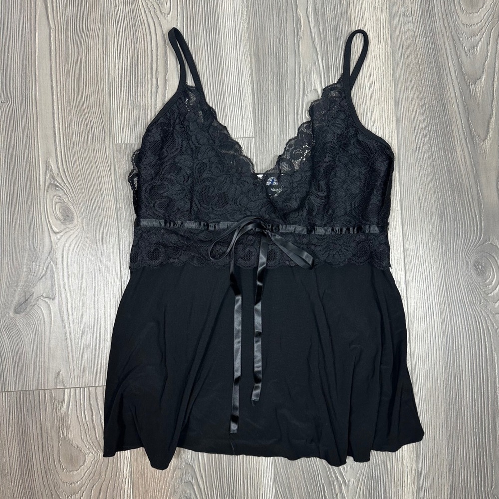 Vintage Black Babydoll Top - SIZE M Lace Ribbon Whimsigoth Fairy‎ 90s Y2K